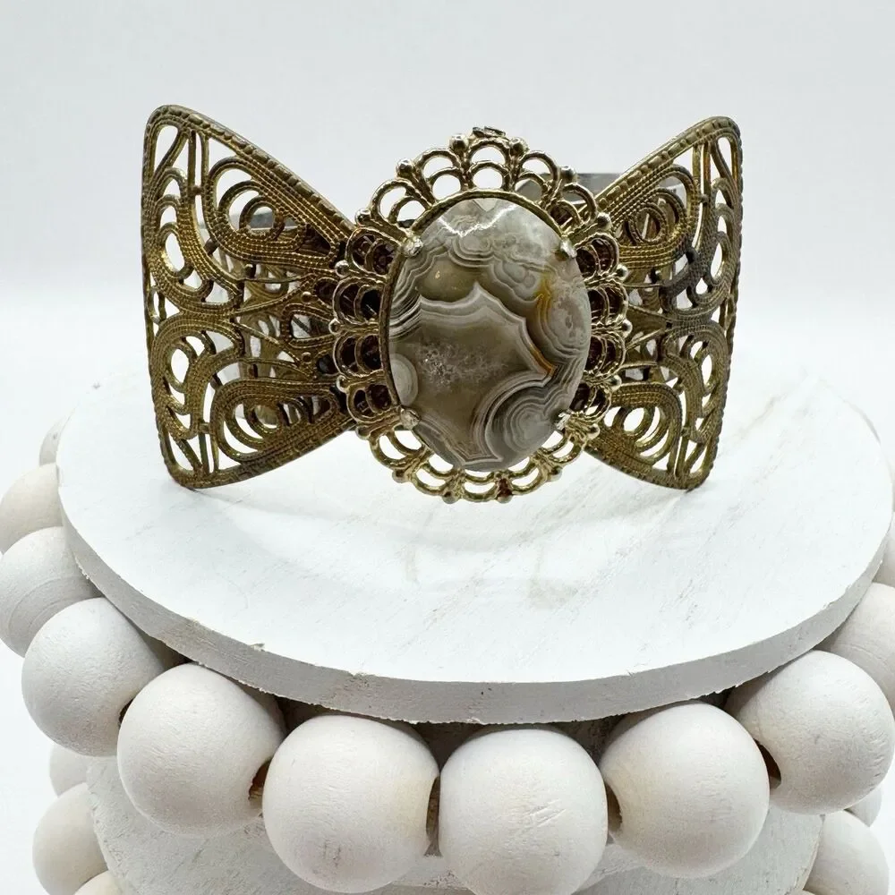 Filigree Bow Cuff Bracelet With Agate Geode Cabachon Center Bohemian Boho